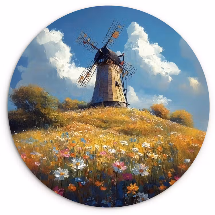 Muurcirkel glas - Windmolen - Heuvel - Bloemen - Kleurrijk — 1