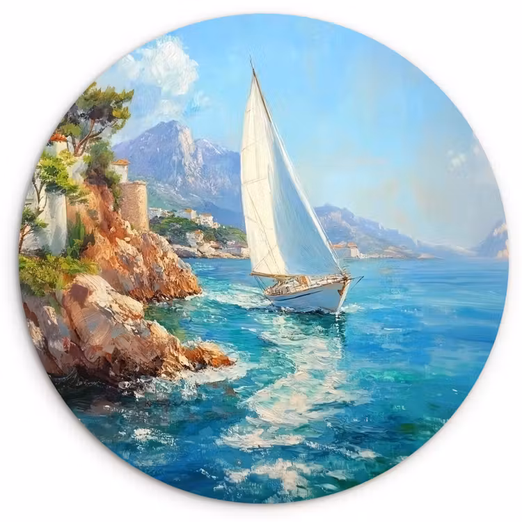 Muurcirkel glas - Zeilboot - Rotsen - Kust - Huizen — 1