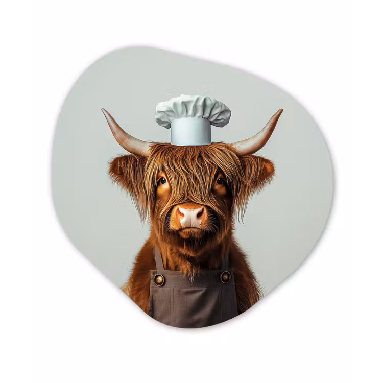 Organisch schilderij - Glas - Schotse Hooglander - Bruin - Hoorns - Kokskleding — 1