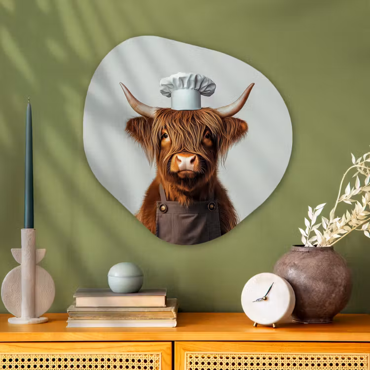 Organisch schilderij - Glas - Schotse Hooglander - Bruin - Hoorns - Kokskleding — 2