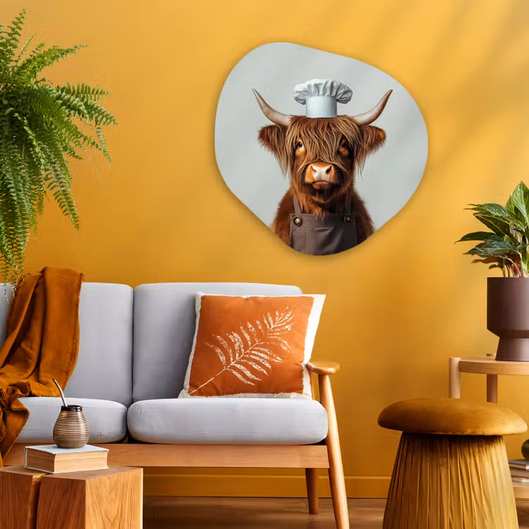 Organisch schilderij - Glas - Schotse Hooglander - Bruin - Hoorns - Kokskleding — 3