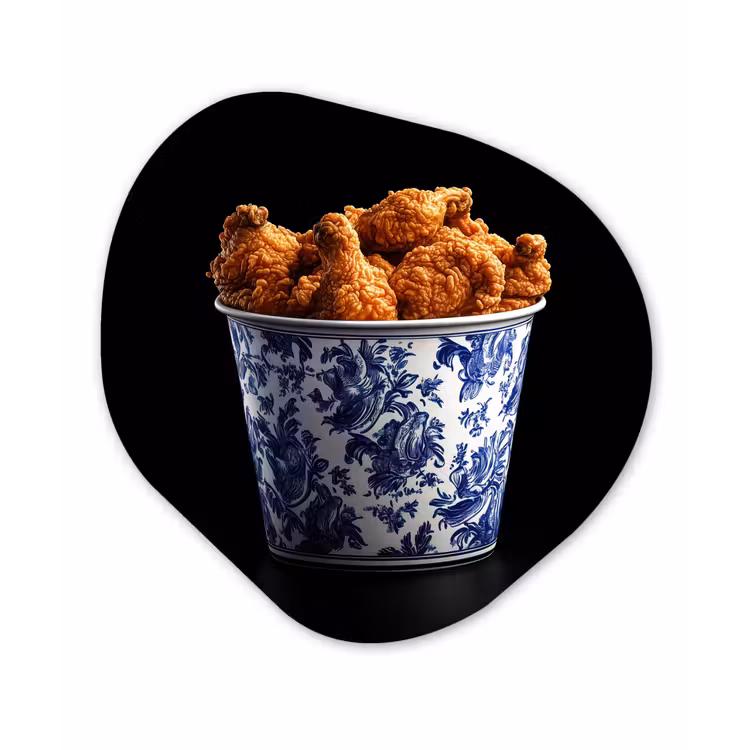 Organisch schilderij - Glas - Kip - Bucket - Delfts blauw - Lekker