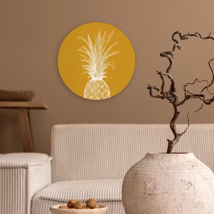 Muurcirkel glas - Lijnillustratie - Ananas - Bladkroon - Okergeel — 2