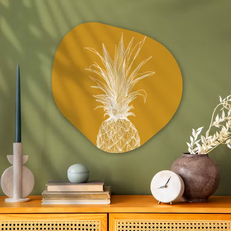 Organisch schilderij - Glas - Lijnillustratie - Ananas - Bladkroon - Okergeel — 2