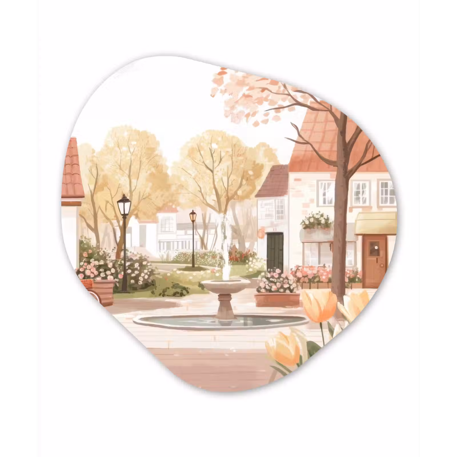 Organisch schilderij - Glas - Dorpsplein - Fontein - Tulpen — 1