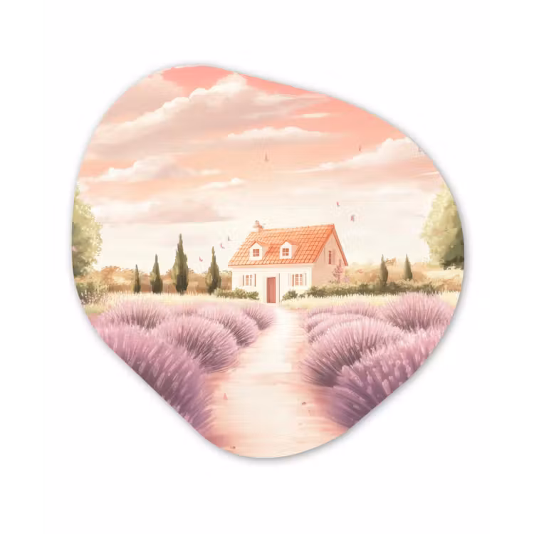 Organisch schilderij - Glas - Lavendelveld - Huis - Paars — 1