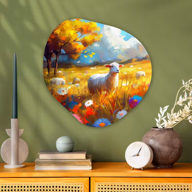 Organisch schilderij - Glas - Schaap - Weide - Bloemen — 2