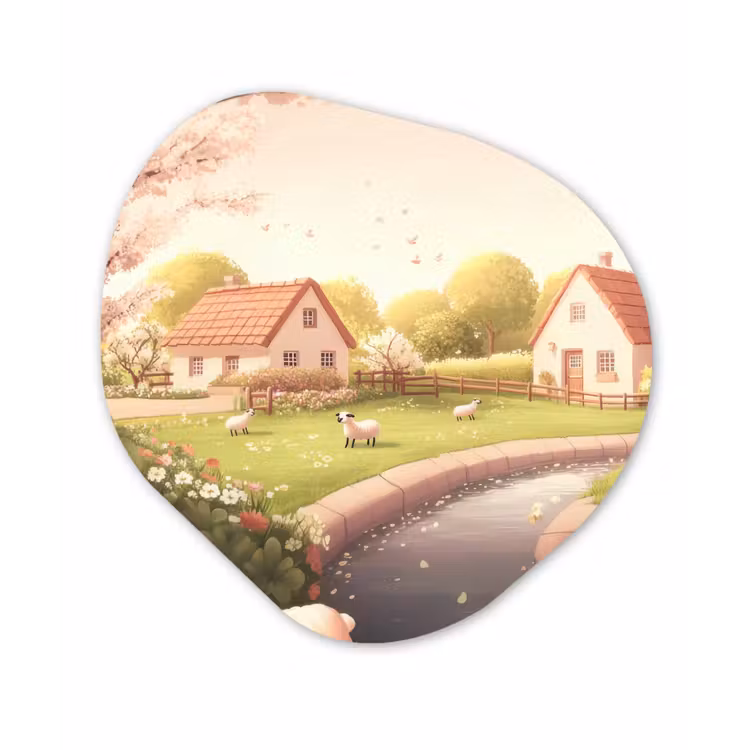 Organisch schilderij - Glas - Schapen - Huisje - Platteland — 1
