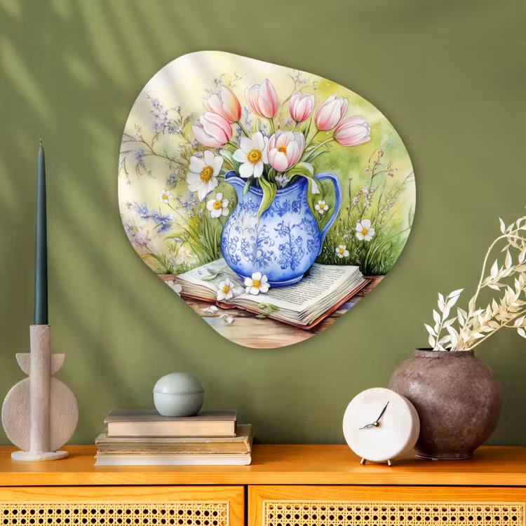 Organisch schilderij - Glas - Vaas - Delftsblauw - Madeliefjes — 2