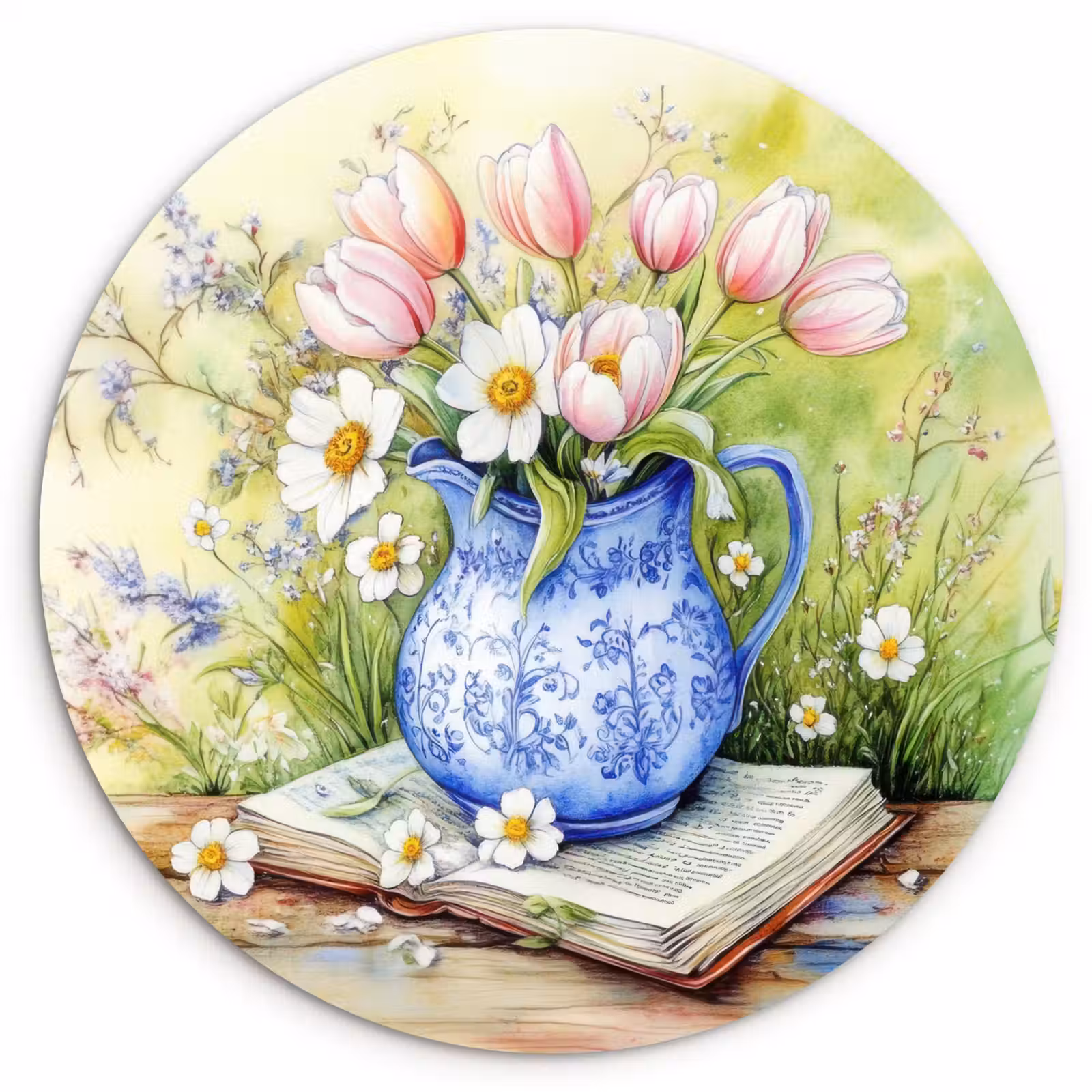 Muurcirkel glas - Vaas - Delftsblauw - Madeliefjes — 1