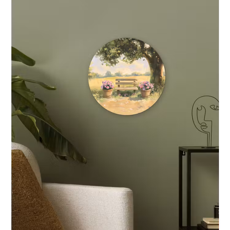 Muurcirkel glas - Houten bankje - Bloempotten - Landschap — 3