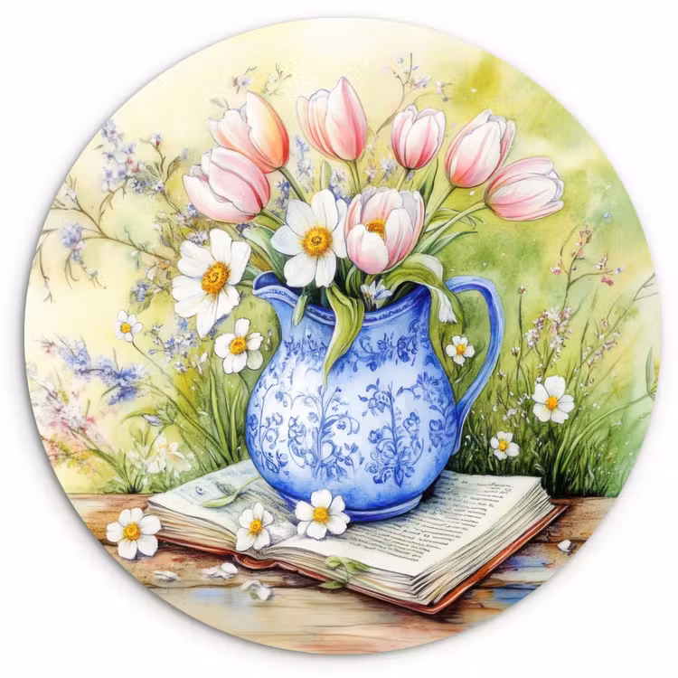 Muurcirkel glas - Vaas - Delftsblauw - Madeliefjes — 1