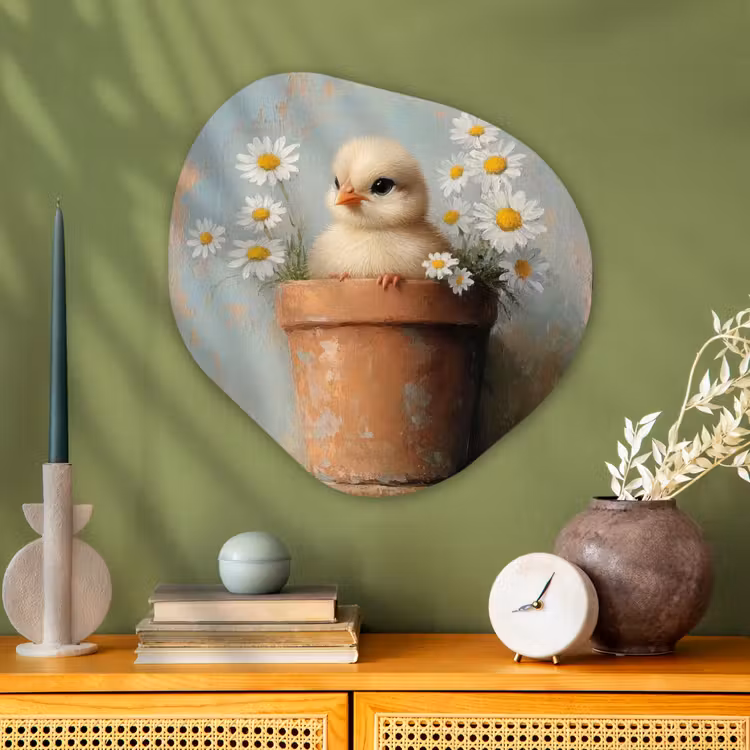 Organisch schilderij - Glas - Bloempot - Kuiken - Bloemetjes — 2