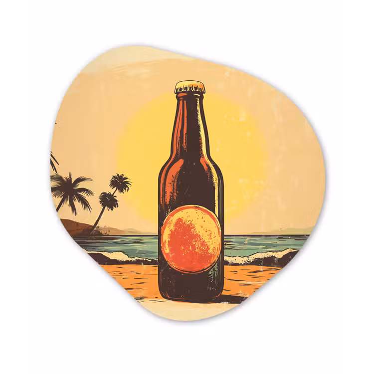 Organisch schilderij - Glas - Bierfles - Zonsondergang - Palmbomen - Zee — 1