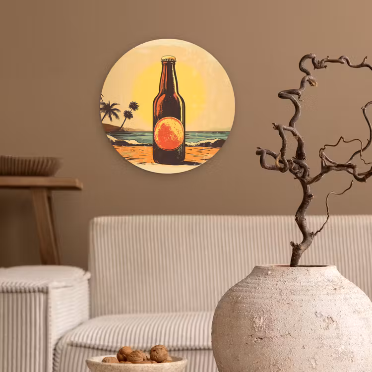 Muurcirkel glas - Bierfles - Zonsondergang - Palmbomen - Zee — 2
