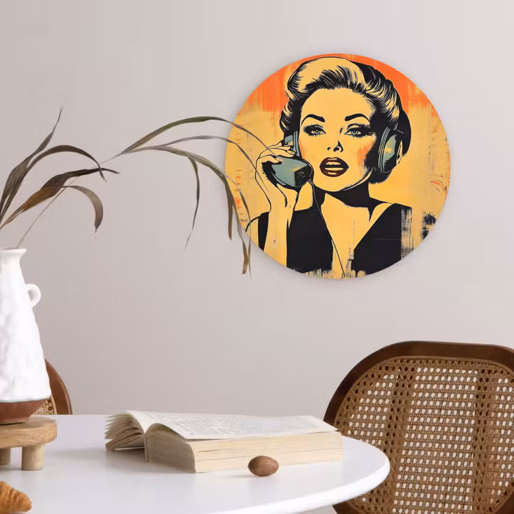 Muurcirkel glas - Retro - Vrouw - Koptelefoon - Oranje — 4