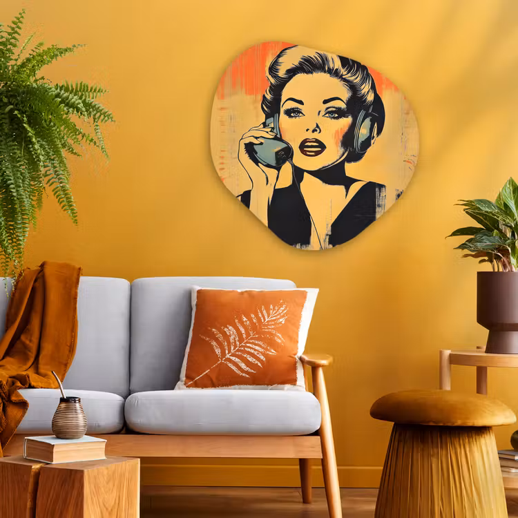 Organisch schilderij - Glas - Retro - Vrouw - Koptelefoon - Oranje — 3