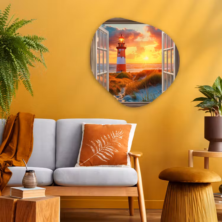 Organisch schilderij - Glas - Doorkijk - Raam - Vuurtoren - Zonsondergang - Strand — 3