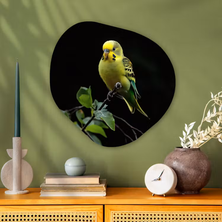 Organisch schilderij - Glas - Parkiet - Tak - Bladeren - Geel — 2