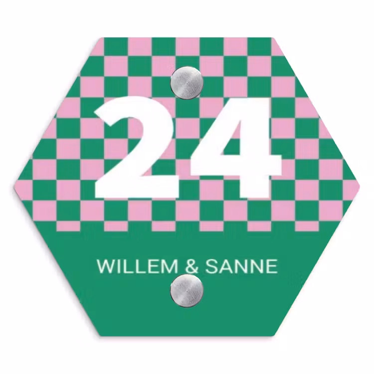 Naambordje voordeur - Hexagon - Groen - Roze - Blokjes - Klassiek — 1