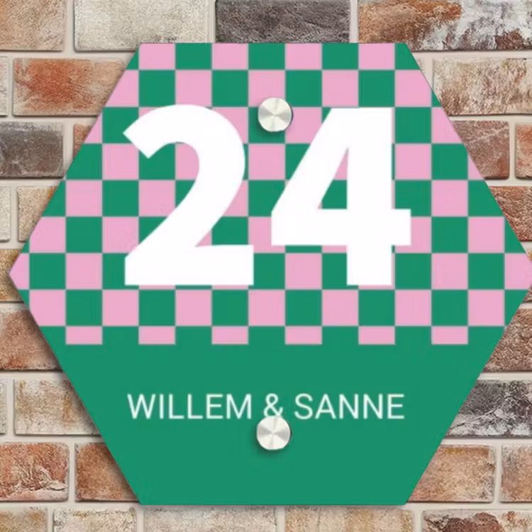 Naambordje voordeur - Hexagon - Groen - Roze - Blokjes - Klassiek — 4