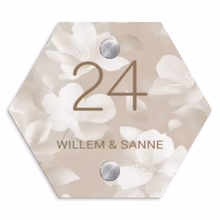 Naambordje voordeur - Hexagon - Beige bloemen - Klassiek — 1