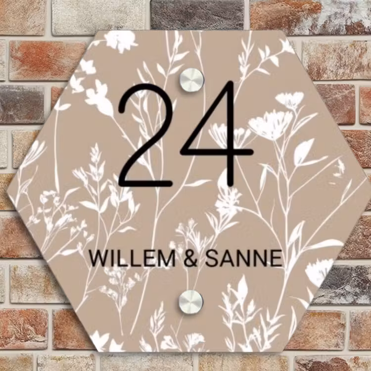 Naambordje voordeur - Hexagon - Beige bloemmotief - Klassiek — 4
