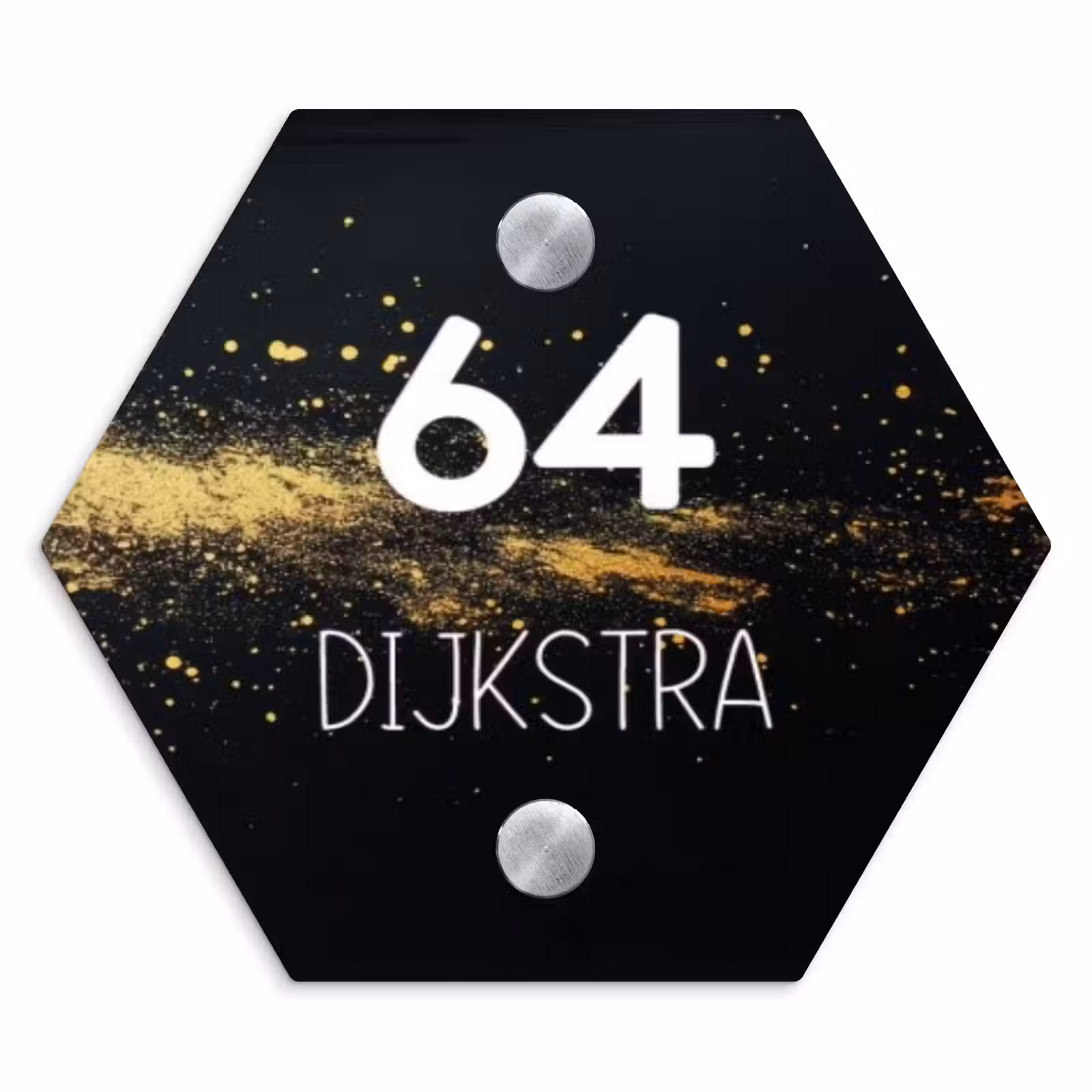 Naambordje voordeur - Hexagon - Gouden verfspatten - Modern — 1
