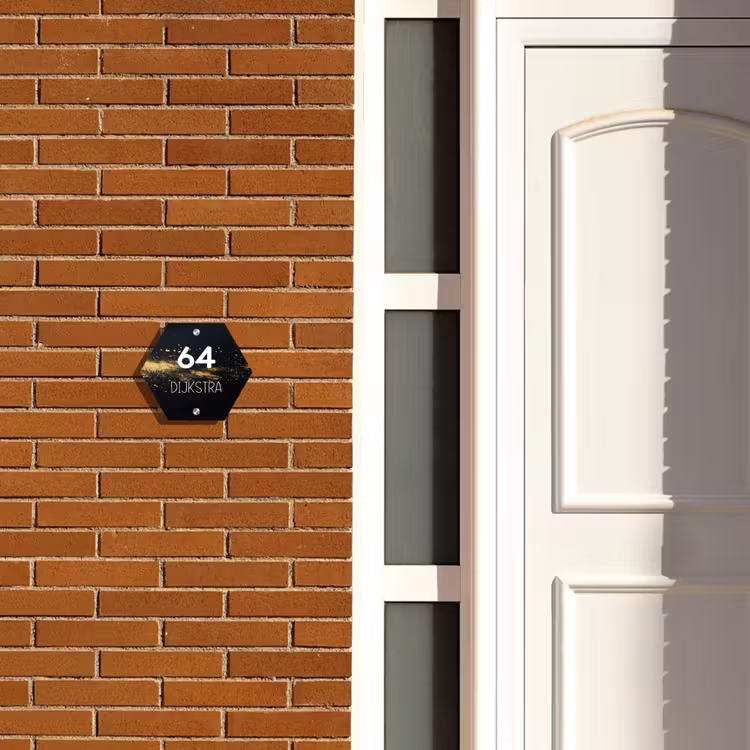 Naambordje voordeur - Hexagon - Gouden verfspatten - Modern — 2
