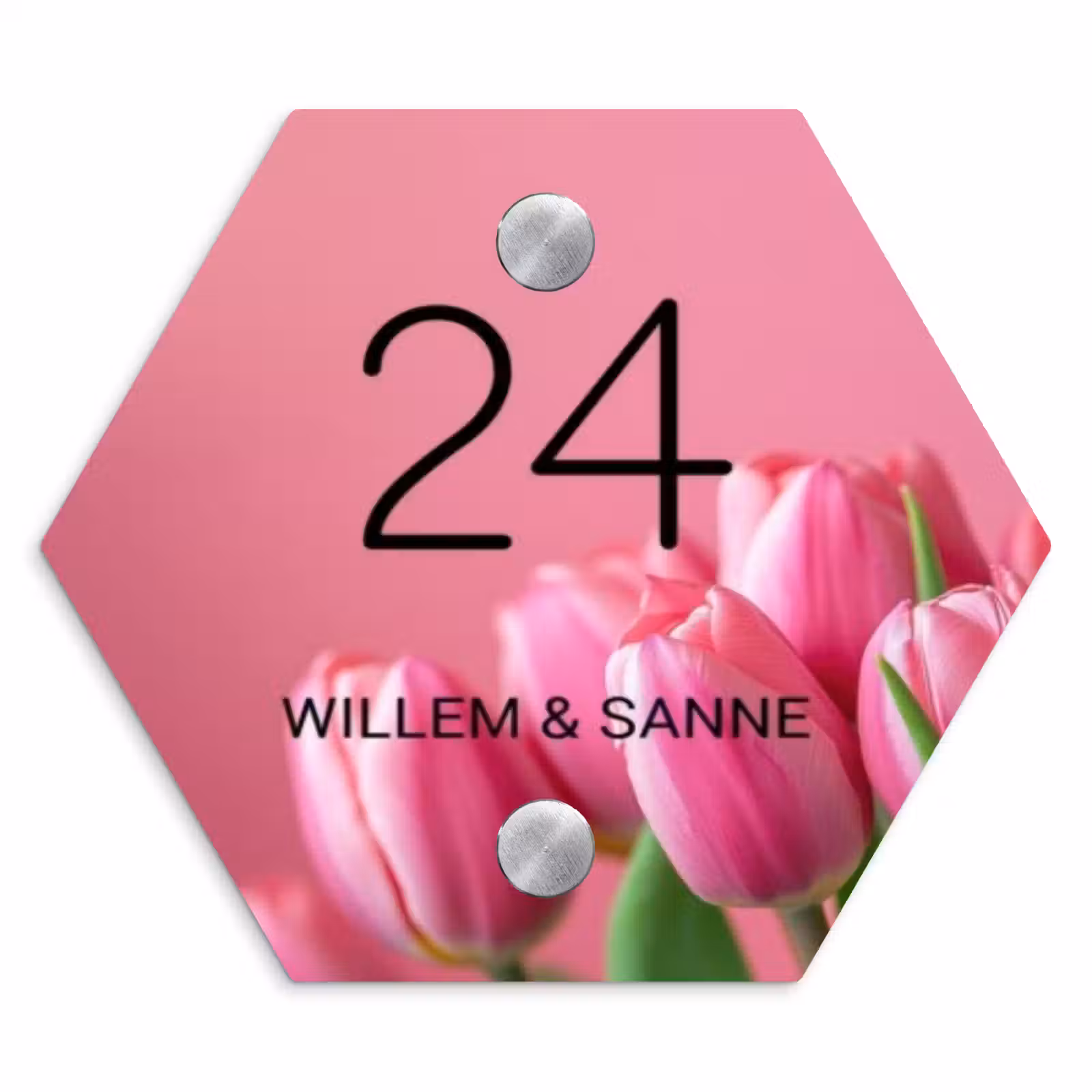 Naambordje voordeur - Hexagon - Roze tulpen - Klassiek — 1