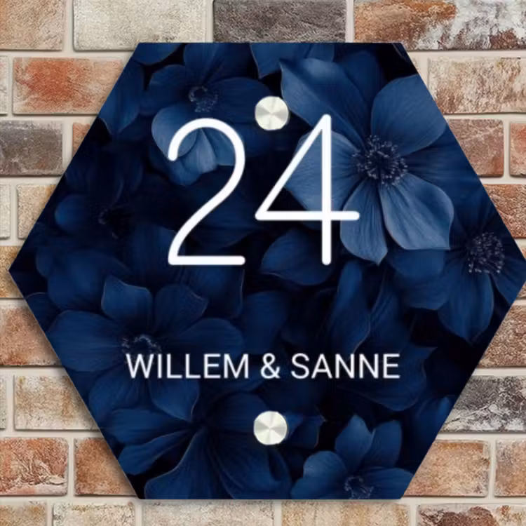 Naambordje voordeur - Hexagon - Blauwe bloemen - Klassiek — 4