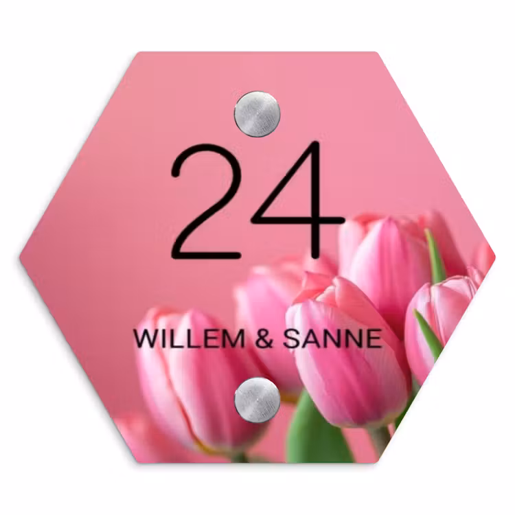 Naambordje voordeur - Hexagon - Roze tulpen - Klassiek — 1