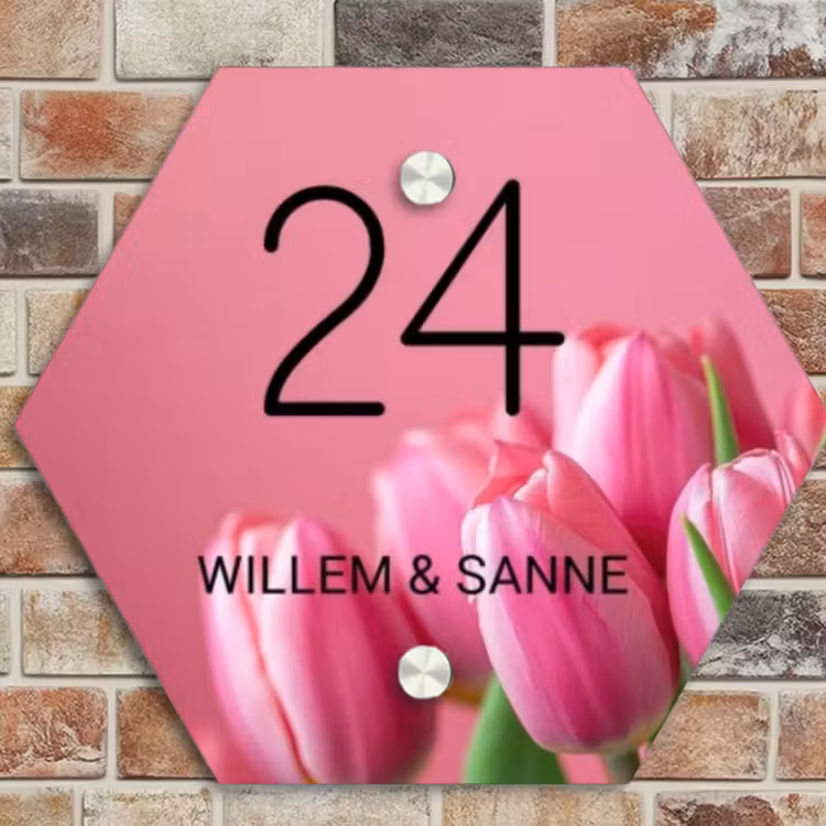 Naambordje voordeur - Hexagon - Roze tulpen - Klassiek — 4