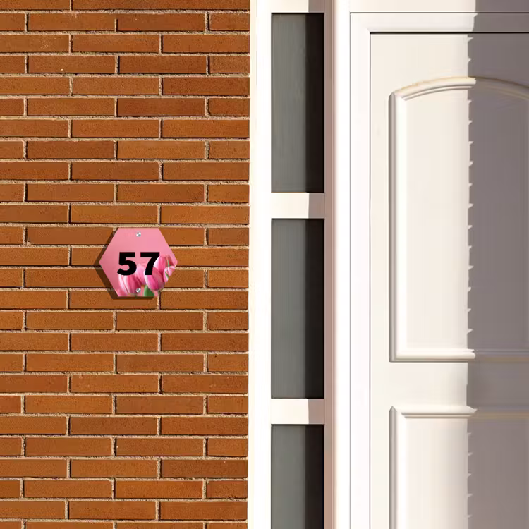 Naambordje voordeur - Hexagon - Roze tulpen - Traditioneel — 2