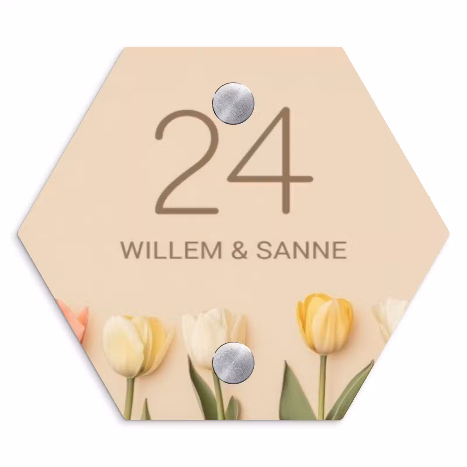 Naambordje voordeur - Hexagon - Gekleurde tulpen beige achtergrond - Klassiek — 1