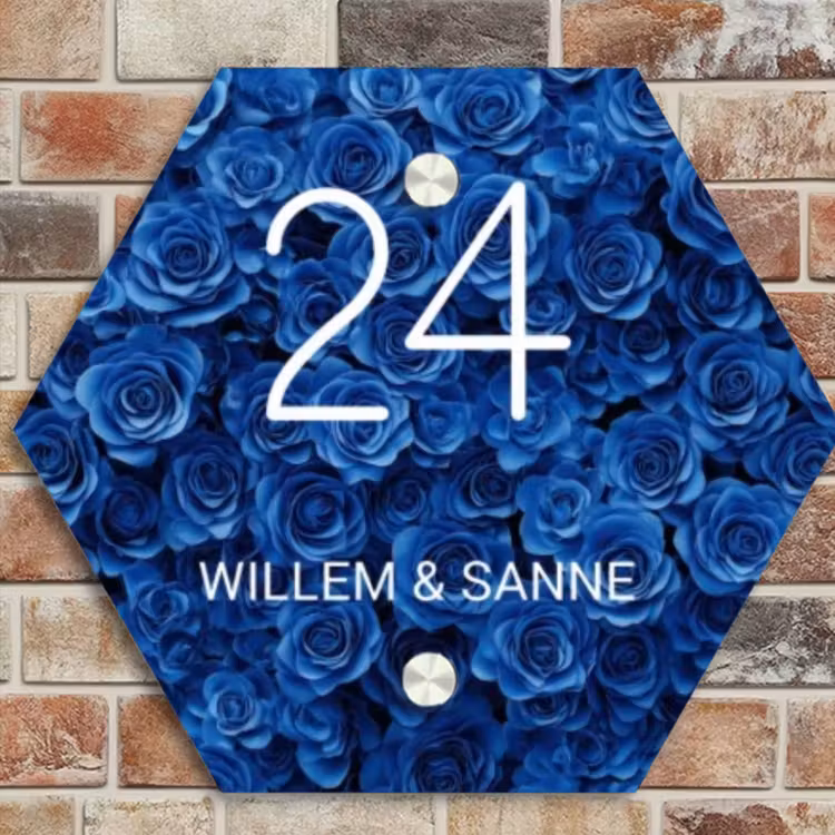 Naambordje voordeur - Hexagon - Blauwe rozen - Klassiek — 4