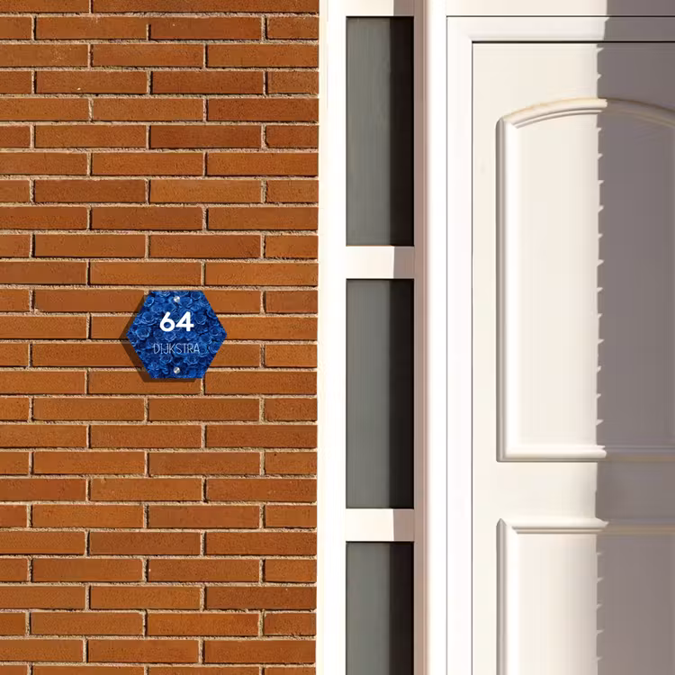 Naambordje voordeur - Hexagon - Blauwe rozen - Modern — 2