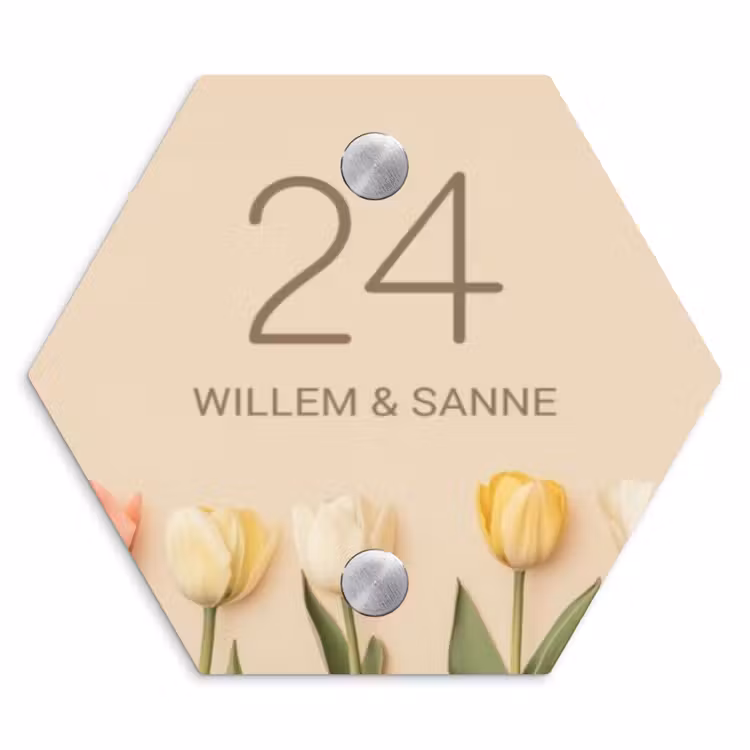 Naambordje voordeur - Hexagon - Gekleurde tulpen beige achtergrond - Klassiek — 1