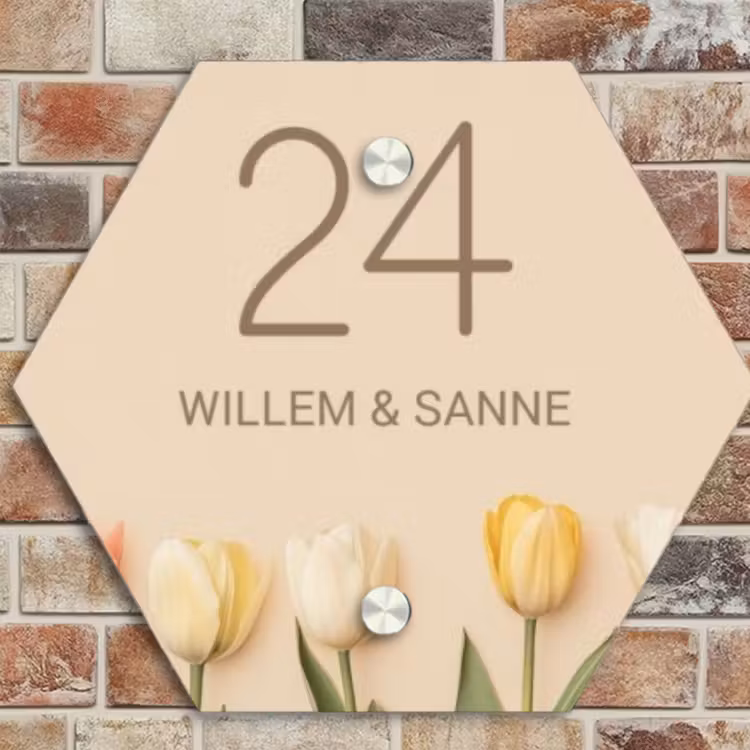 Naambordje voordeur - Hexagon - Gekleurde tulpen beige achtergrond - Klassiek — 4