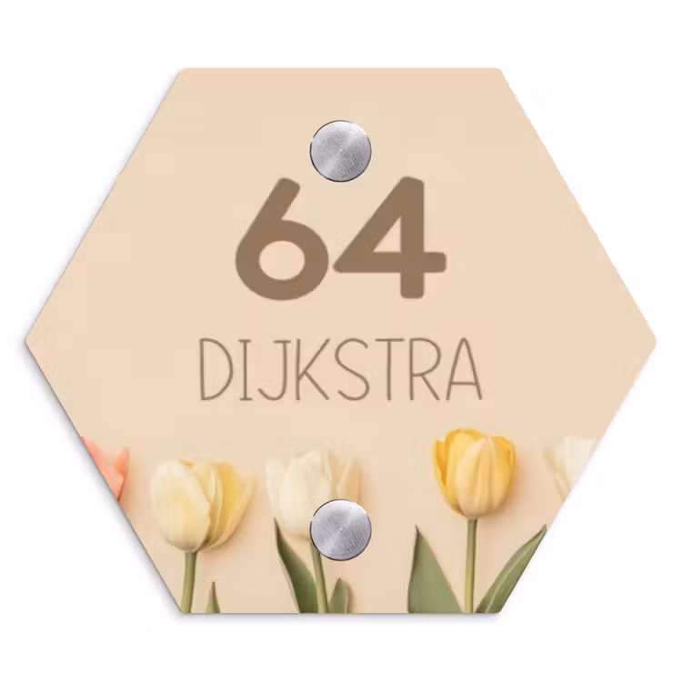 Naambordje voordeur - Hexagon - Gekleurde tulpen beige achtergrond - Modern — 1