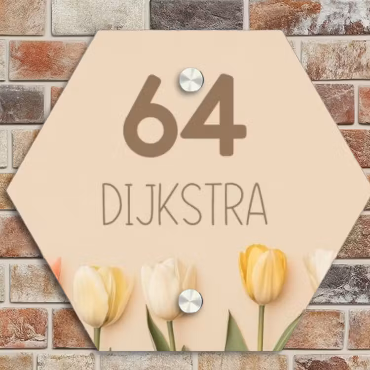 Naambordje voordeur - Hexagon - Gekleurde tulpen beige achtergrond - Modern — 4