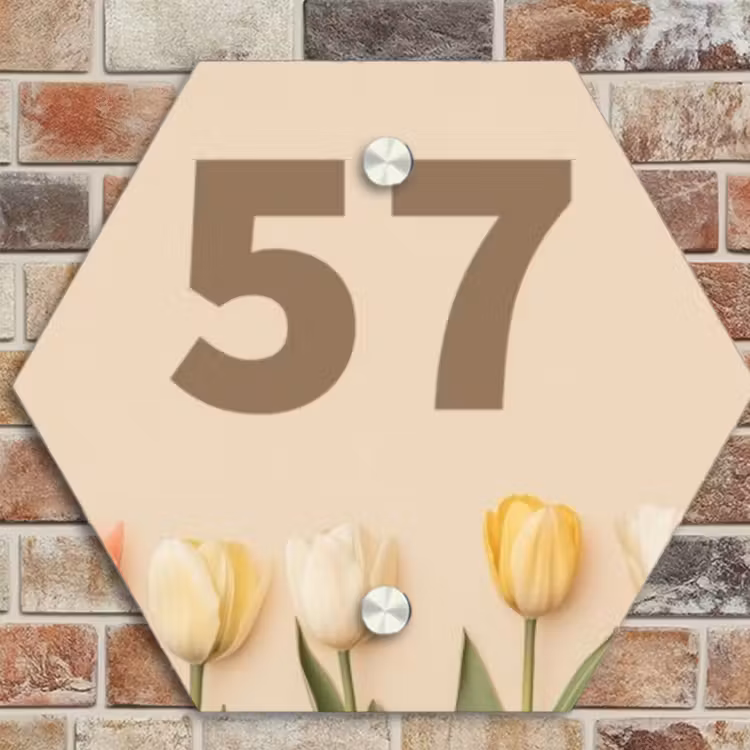 Naambordje voordeur - Hexagon - Gekleurde tulpen beige achtergrond - Traditioneel — 4