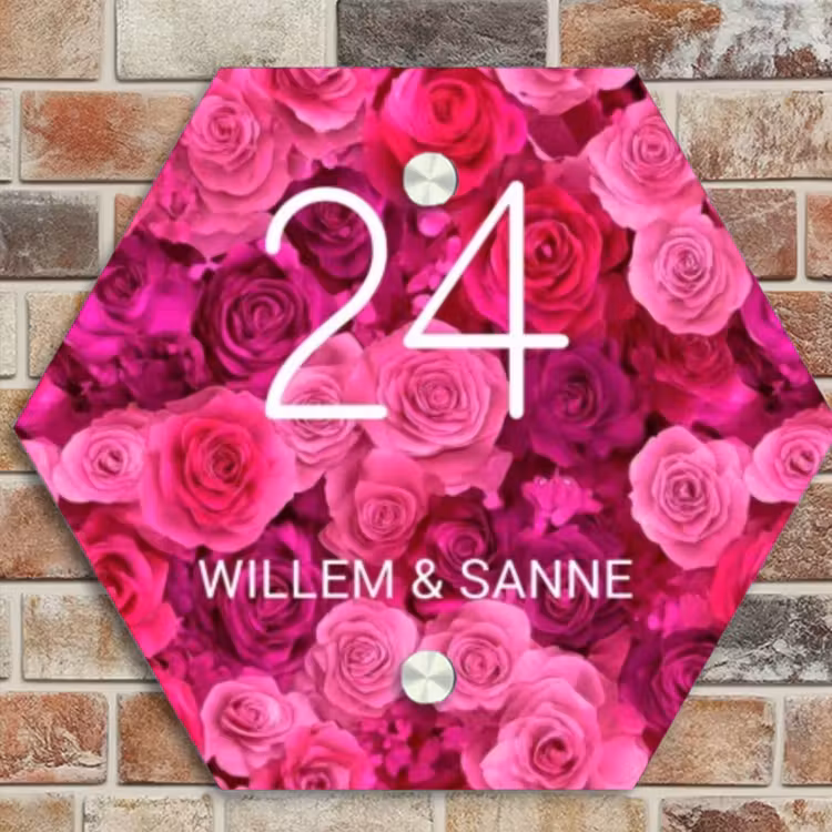 Naambordje voordeur - Hexagon - Roze rozen - Klassiek — 4