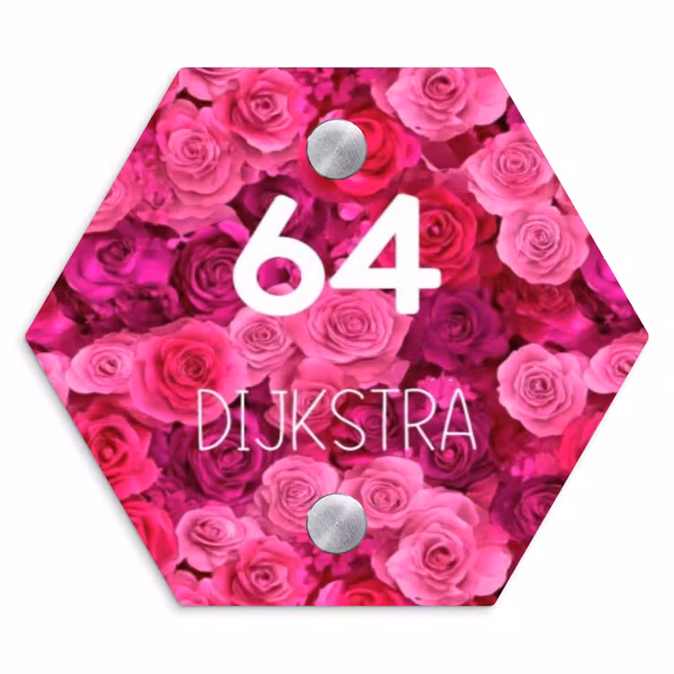 Naambordje voordeur - Hexagon - Roze rozen - Modern — 1