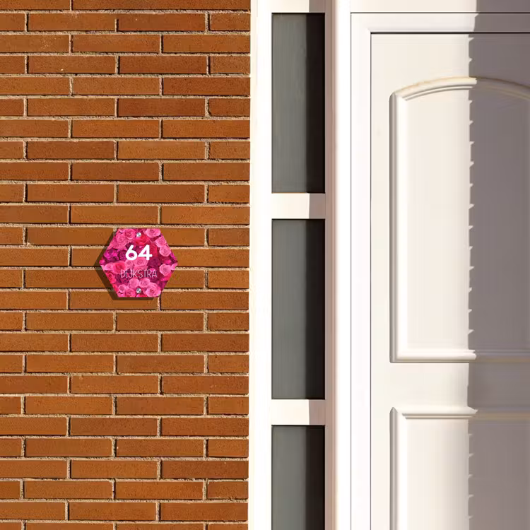Naambordje voordeur - Hexagon - Roze rozen - Modern — 2