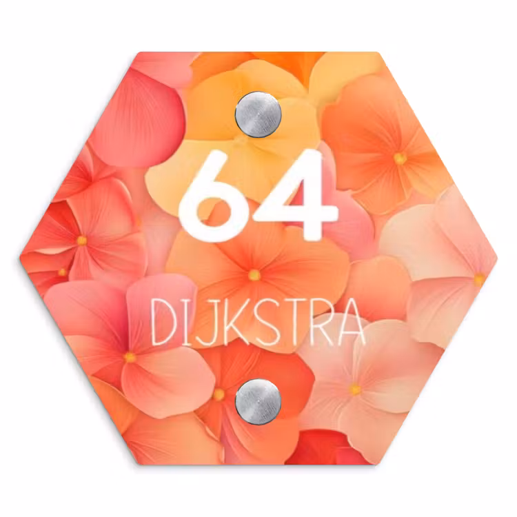 Naambordje voordeur - Hexagon - Oranje bloemenmix - Modern — 1