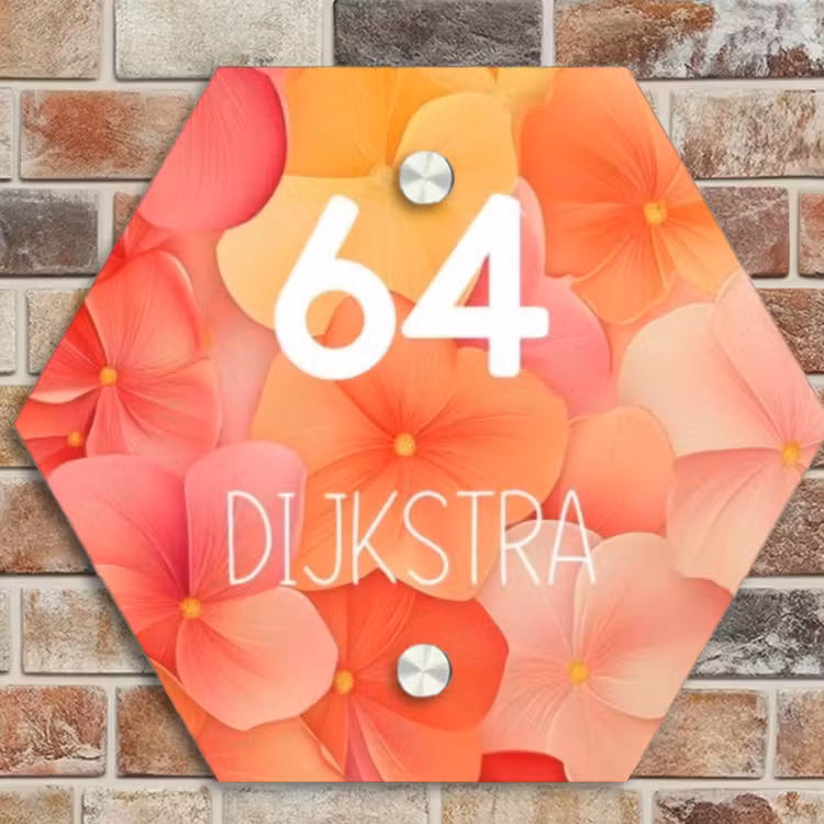 Naambordje voordeur - Hexagon - Oranje bloemenmix - Modern — 4
