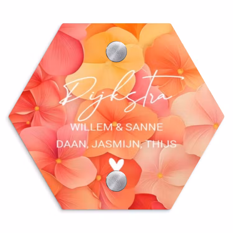 Naambordje voordeur - Hexagon - Oranje bloemenmix - Sierlijk — 1