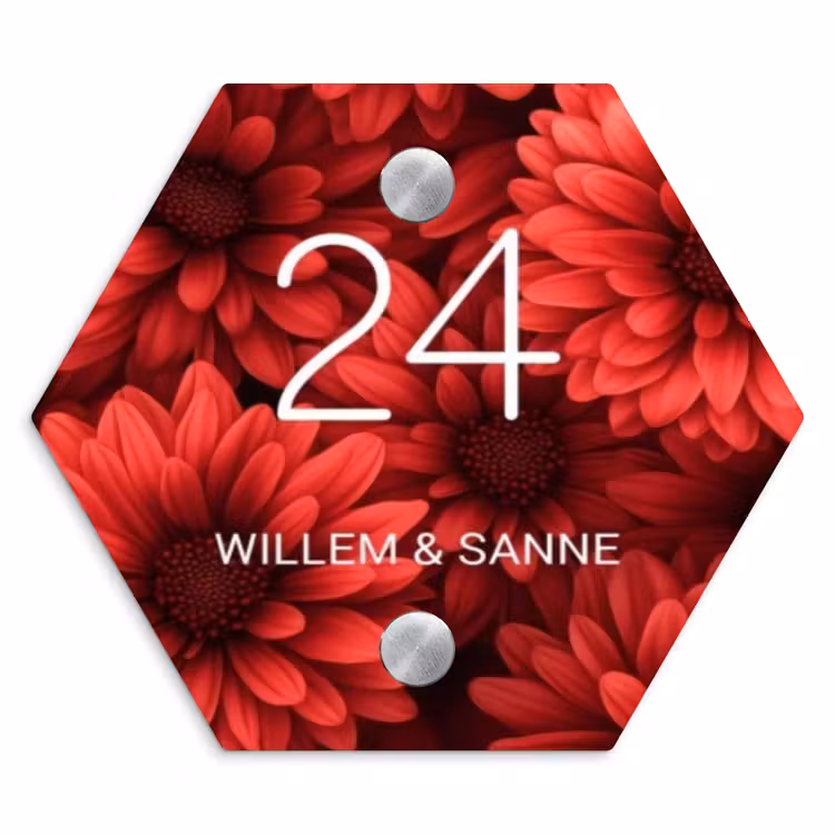 Naambordje voordeur - Hexagon - Rode bloemen - Klassiek — 1