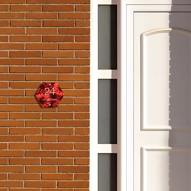 Naambordje voordeur - Hexagon - Rode bloemen - Klassiek — 2